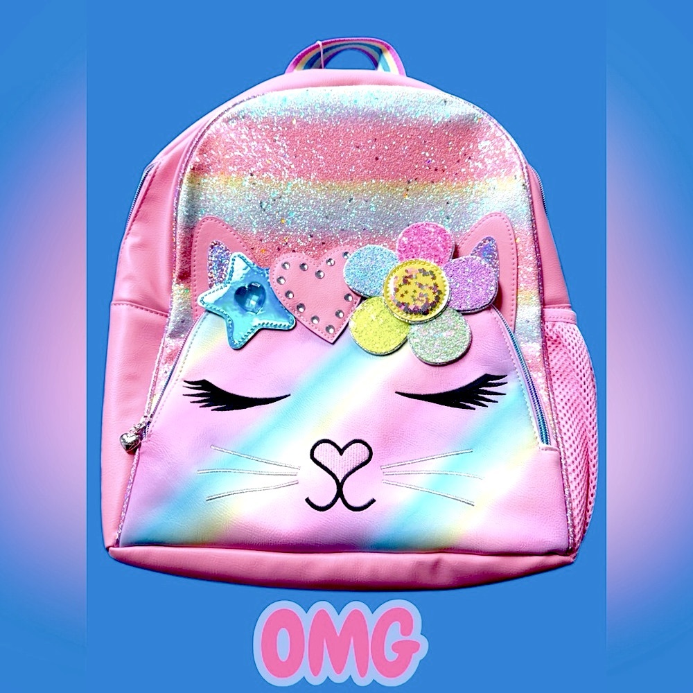 Miss Gwen’s OMG unicorn Miss Bella cat 15” backpack glitter pink rainbow bag $62